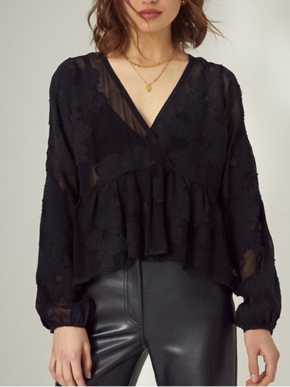 Aritzia Black Floral Appliqué Sheer Peplum Blouse